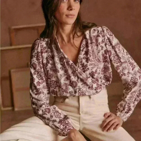 Sezane | Abelia Blouse | Burgundy Mosaic Print | Wrap Top | Size 34 / Us Sz 2 - Picture 6 of 7